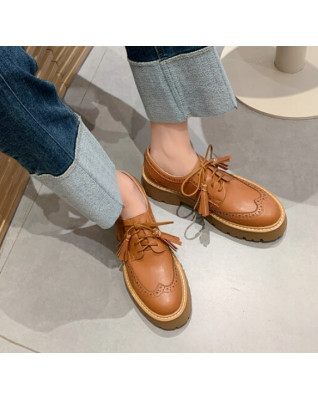 Genuine Cow Leather Brogue Shoes Women Chunky Heel Platform Tassel British England Lace-up Oxford Derby Shoe Lady Daily