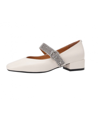 Chic Sparkly Rhinestone Band Buckle Mary Jane Shoes for Women Natural Real Genuine Leather Flats 