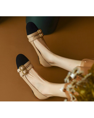 Genuine Real Leather Patchwork Flats Women Double Buckle Slip-on Flats Shoes Ladies Leisure Daily Footwears Nude Spring