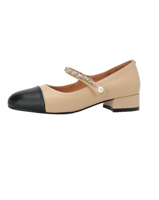 High Quality Natural Genuine Cow Leather Shoes Woman Luxury Brand Designer Pearl Chain Mary Jane Flats Ladies Nude Shoe