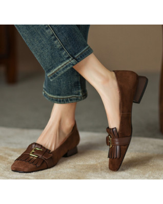 Kid Suede Women Tassel Flats Lady Nude Belt Buc kle Shoes Elegant Slip-on Square Toe Fringe Footwear Office Daily Dating