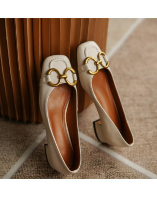 New Natural Genuine Cow Leather W omen Flat Shoes Black Beige Nude Square Toe Casual Slipons Brand Metal Chain Shoes