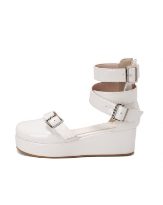 Patent Leather Flat Platform Shoes Women Beige Nude Red Ankle Wrap Multi-buckle Shoes Roman Gladiator Flats