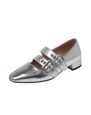 Punk Double Buckle Silver Mary Jane Shoes Woman High Quality Natural Real Leather Flats Ladies Handmade Casual Shoes