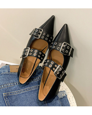 Punk Metal Double-buckle Mary Jane Flat Shoes Women Real Genuine Leather Pointed Toe Casual Shoes