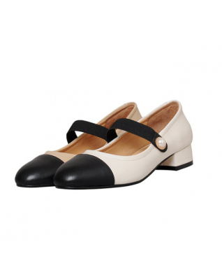 Real Genuine Leather Flats Mary Janes Women Brand Designer Mix-color Elastic Strap Pearl Ladies Shoes Beige Nude Spring