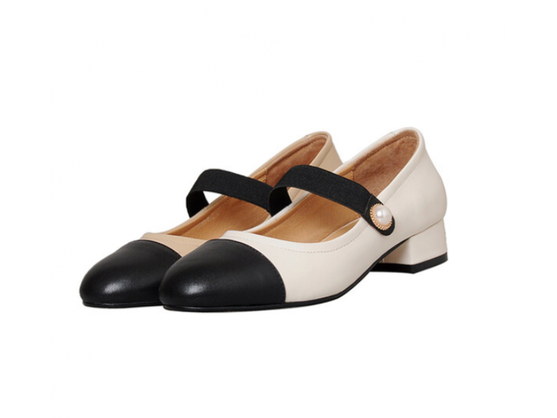 Real Genuine Leather Flats Mary Janes Women Brand Designer Mix-color Elastic Strap Pearl Ladies Shoes Beige Nude Spring