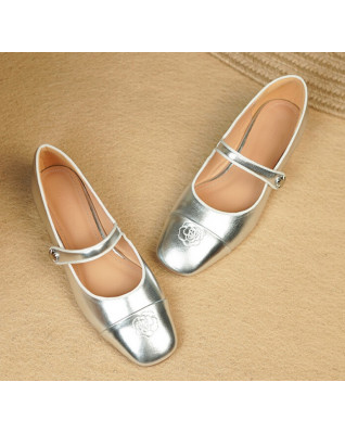 Real Genuine Leather Mary Jane Flat Shoes Women Brand Mix-color Floral Silver Ballet Flats 2023 Spring New Ladies Shoes
