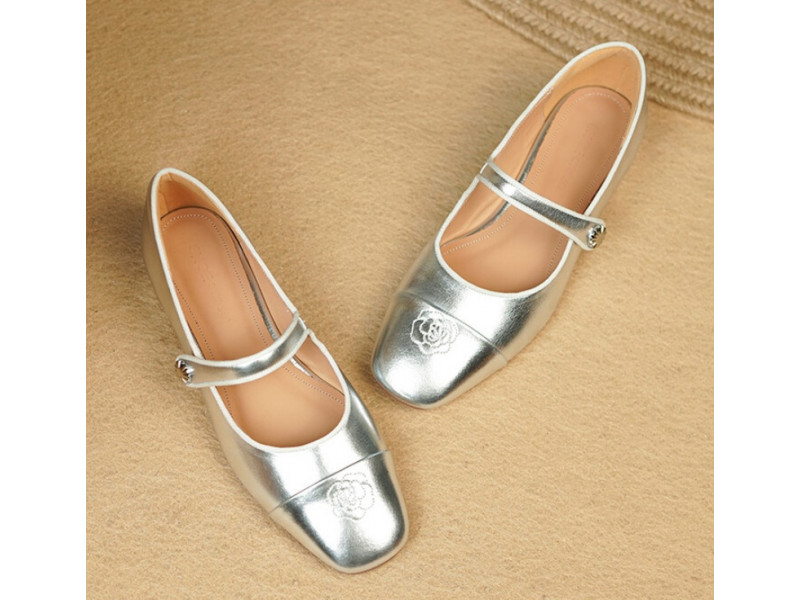 Real Genuine Leather Mary Jane Flat Shoes Women Brand Mix-color Floral Silver Ballet Flats 2023 Spring New Ladies Shoes