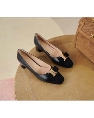 Mix-color Shoes Women Designer Sweet Bow Knot Block Heels Square Toe Office Party Pumps Black Beige Nude