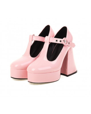 Women Mary Janes Shoes Chunky High Heels Platform T-strap Buckle Pumps Pink Ladies Party Dress Shoe