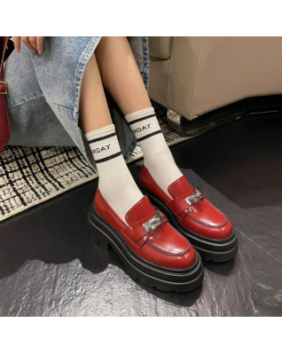 Brand Designer Metal Lock Shoes Women Natural Genuine Leather Thick Platform Loafers Neutral Casual Chunky Pumps 