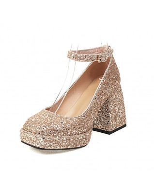 Chunky Block Heels Shoes for Woman Square Toe Platform Glitter Sequined Bling Bling Gold Silver Pumps Ladies Party Chic