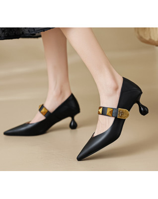 Women Natural Cow L eather Pumps Lady Metal Rivets Pointed Toe Thin Heels Shoes Punk Elegant Daily Dress Footwear Spring