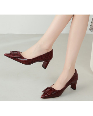 Women Natural Leather Crocodile Print Pumps Ladies Luxury Brand Square Button High Heels Shoes Office Burgundy Footwear