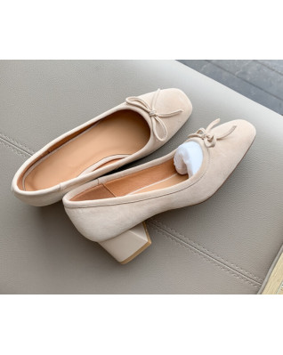 Women Soft Kid Suede Pumps Pink Nude Lovely Sweet Bow-tie Square Toe Medium Block Heels Shoes Comfort Sheep Suede