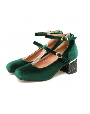 Spring Velvet Shoes Women Double Strap Buckle Shoes Wine Red Velour Mary Janes Ladies Bling Glitter Heels Pumps