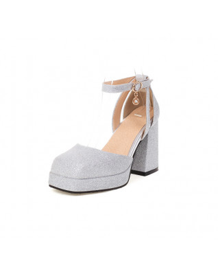 Chunky Heels Women Sandals Ankle Strap Buckle Glitter Gold Silver Shoes Square Toe Bling Bling Ladies Party Shoes