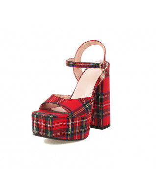 Extremely Ultra High Heels Plaid Fabric Sandals for Women Chunky Thick Plat form Goth Buckle Sandal Ladies Sexy Shoe