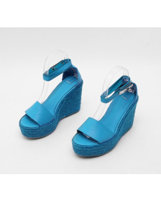 Genuine Cow Leather Platform Sandals Wedges Heels Espadrilles Brand Shark Lock Sandal Women Blue Summer Shoes